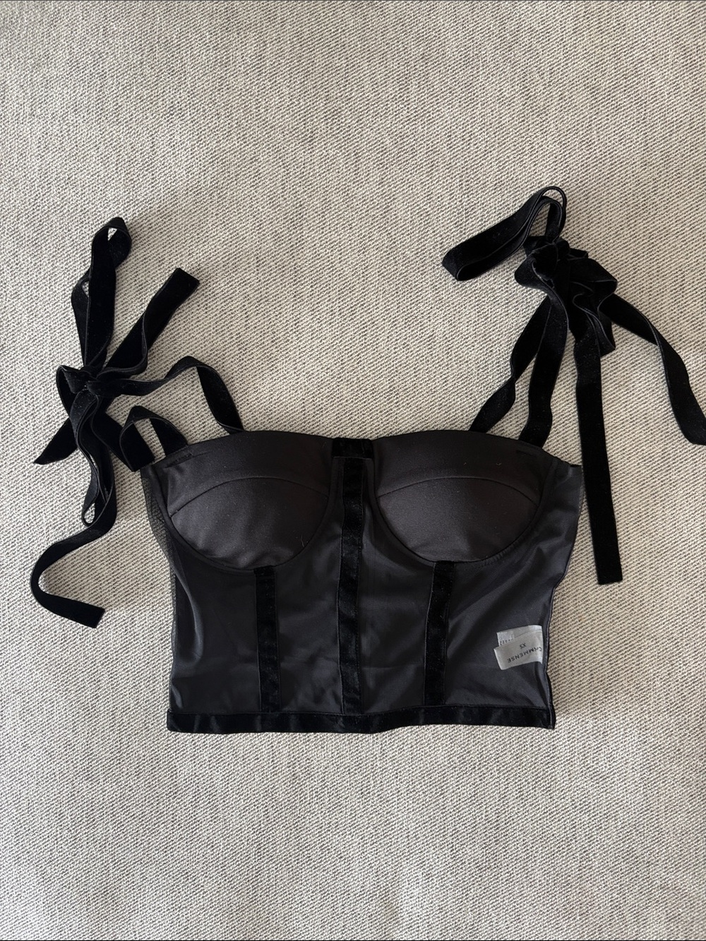 Commense Black Satin Corset Crop Top with Tie Straps